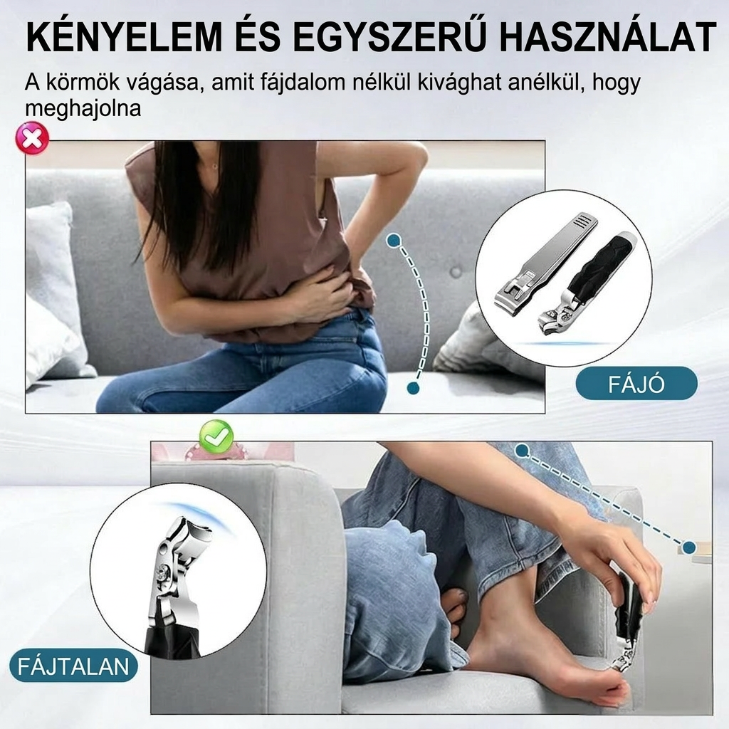 VeraNooks OrthoClip™ – professzionális körömvágó olló, ideális idősek, cukorbetegek, hátfájással vagy ízületi gyulladással küzdők számára.